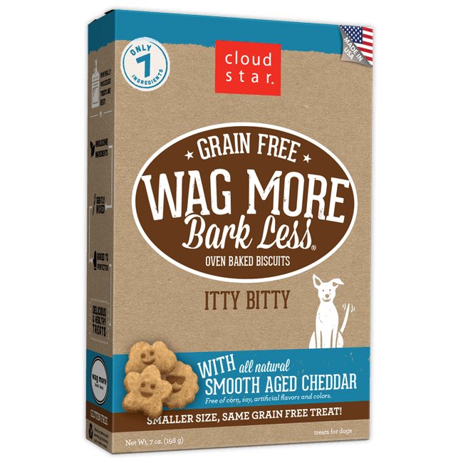 Cloud Star Wag More Bark Less Oven Baked Grain Free Itty Bitty Smooth Aged Cheddar Dog Treats